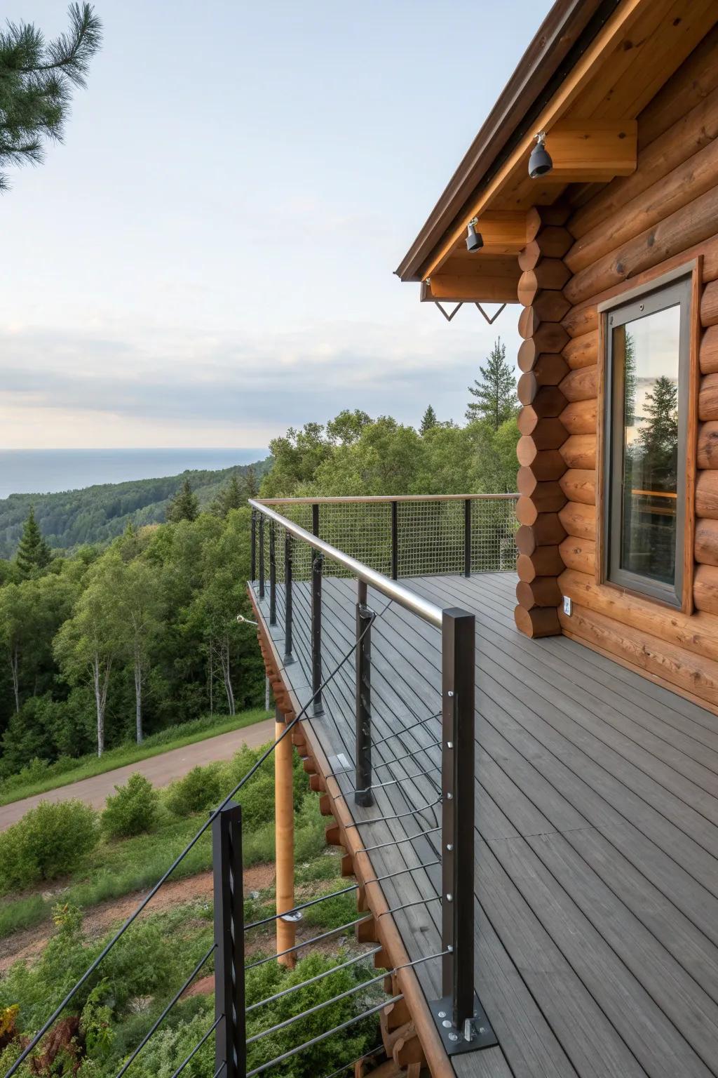 Sleek cable railings provide a minimalist, modern aesthetic that complements the natural surroundings.