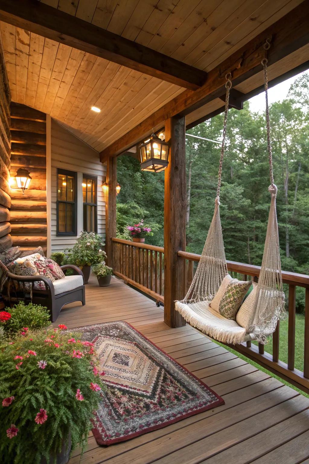 A playful swing and hammock on a log cabin porch, perfect for relaxing and enjoying the gentle breeze.