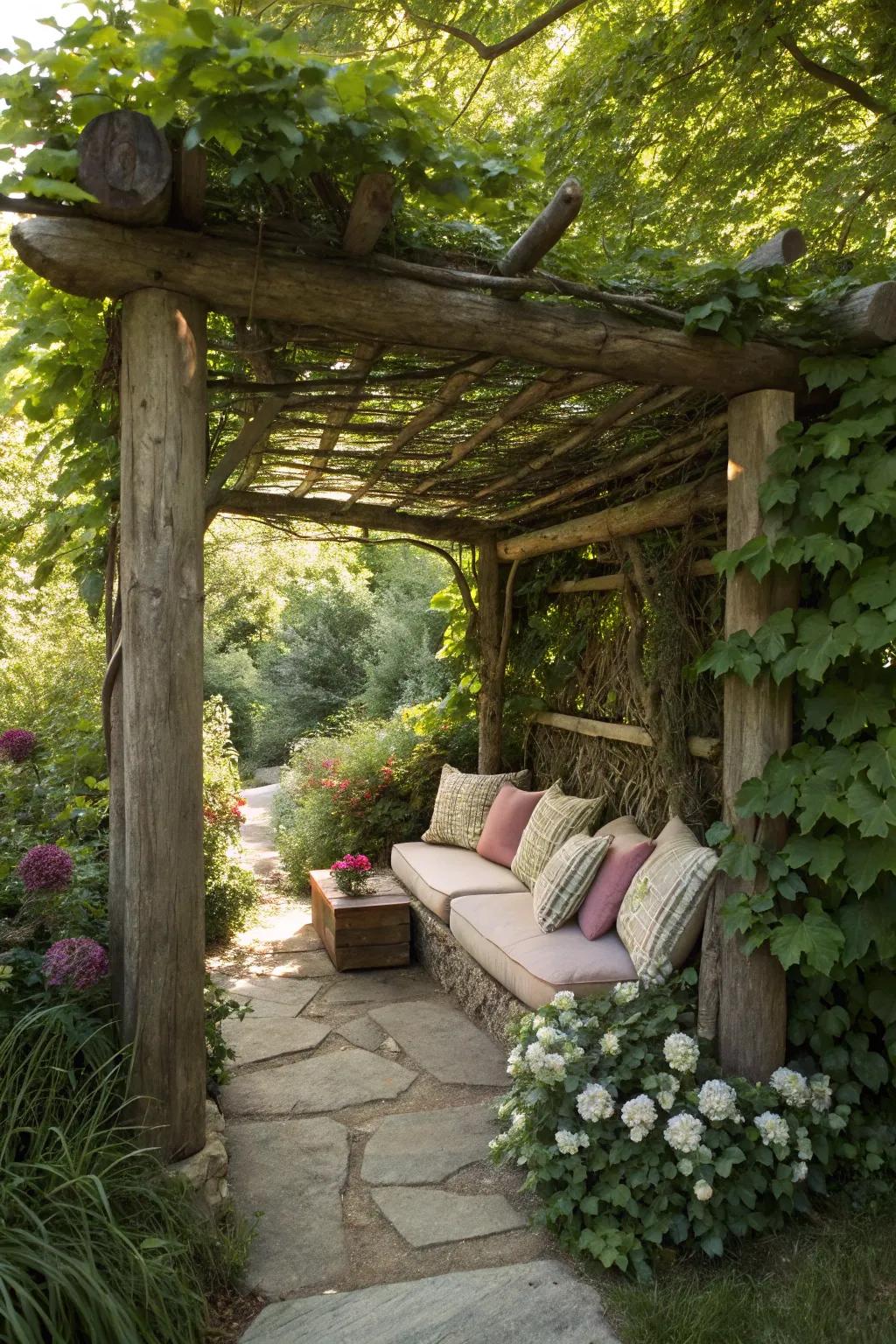 A peaceful garden nook created by a log pergola.