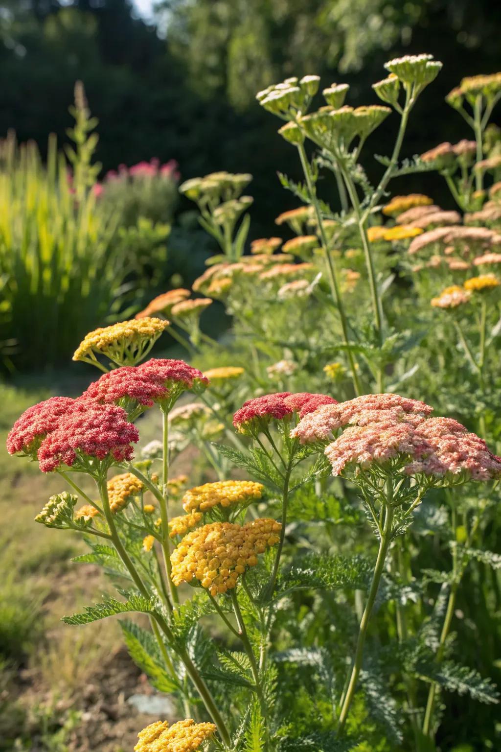 Yarrow plants offering vibrant flower clusters in a sunny garden area.