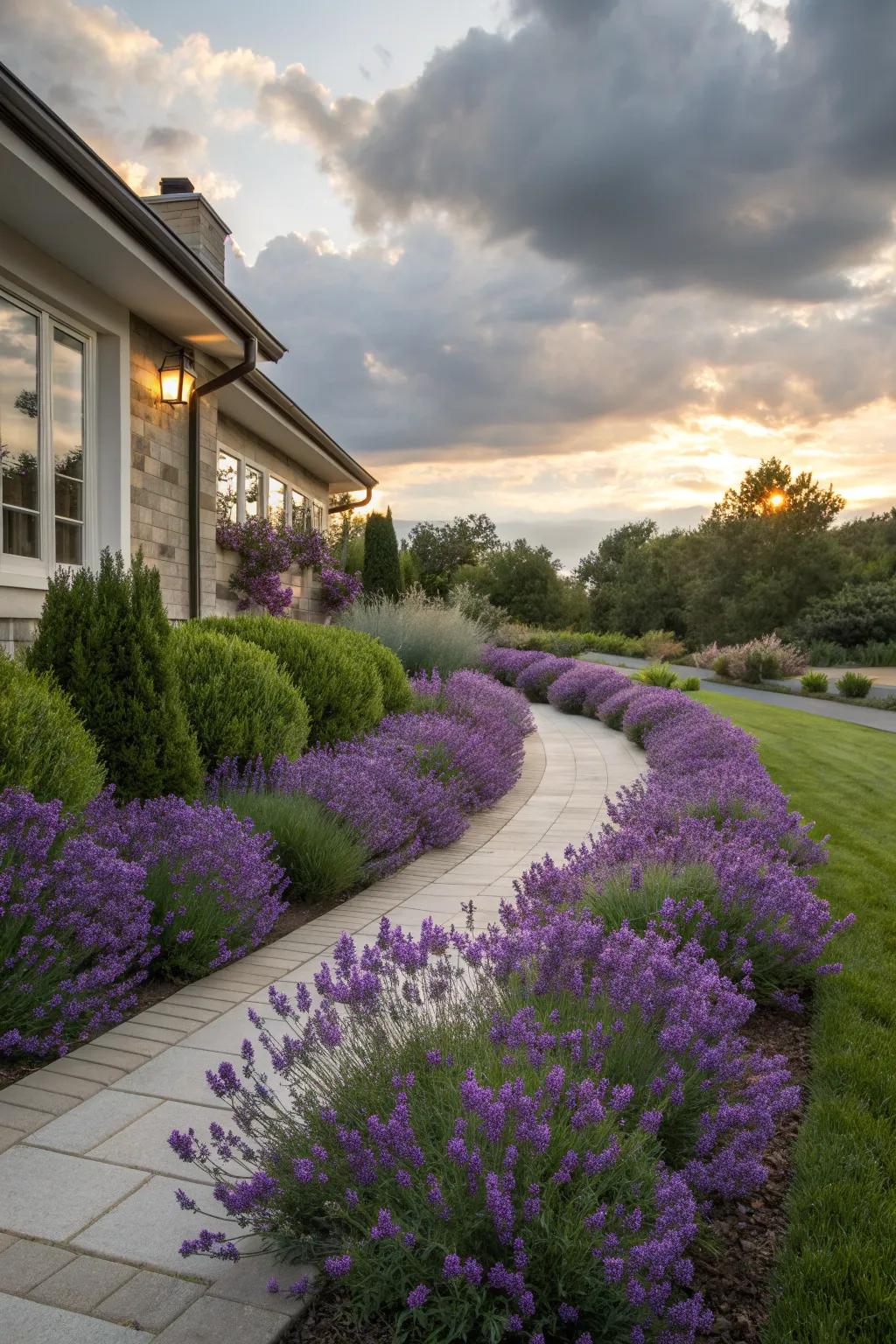 Lavender borders offering aroma and aesthetics to a low-maintenance front yard.