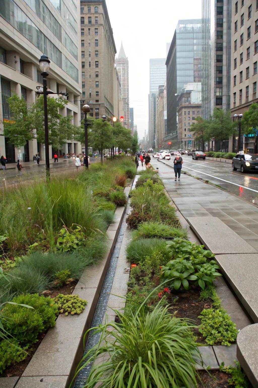 A rain garden design captures runoff and supports moisture-loving plants.