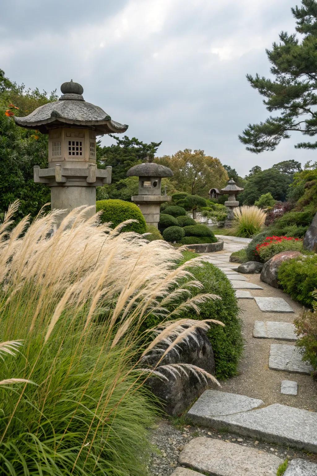 Ornamental grasses add texture and gentle movement.