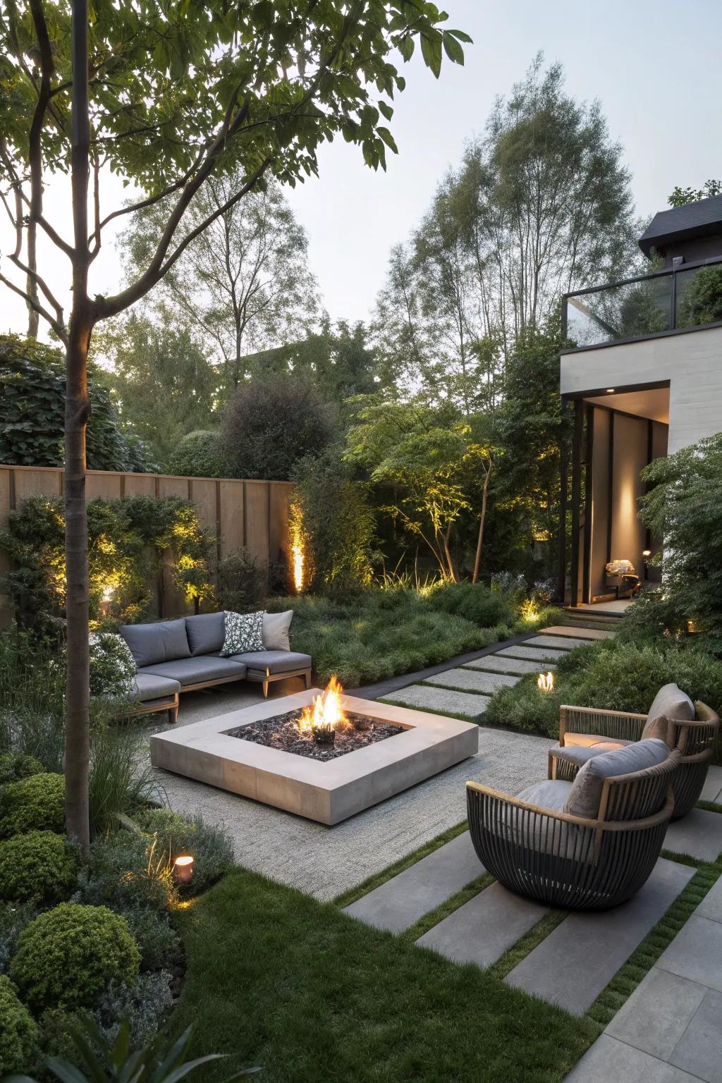 A modern garden featuring a central fire pit.