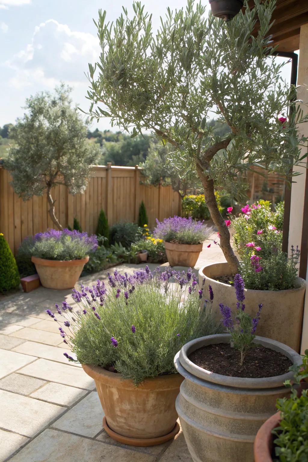 A Mediterranean mix of lavender and olive trees, perfect for sunny spots.
