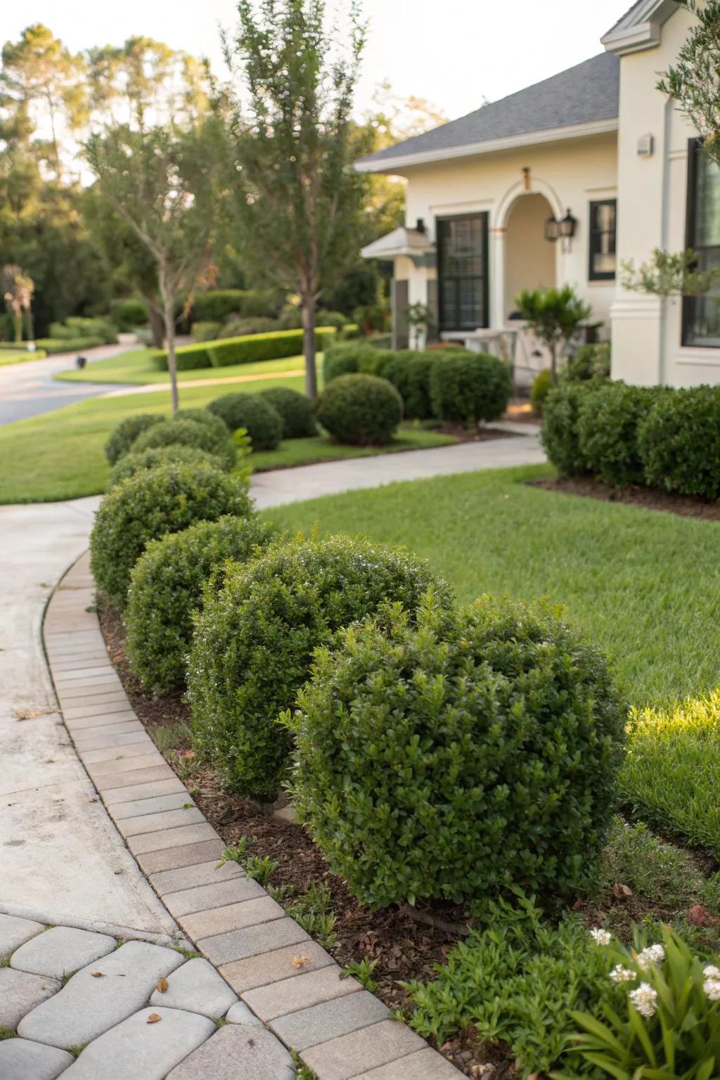 Low-growing shrubs such as Dwarf Yaupon Holly offer easy maintenance and year-round greenery.