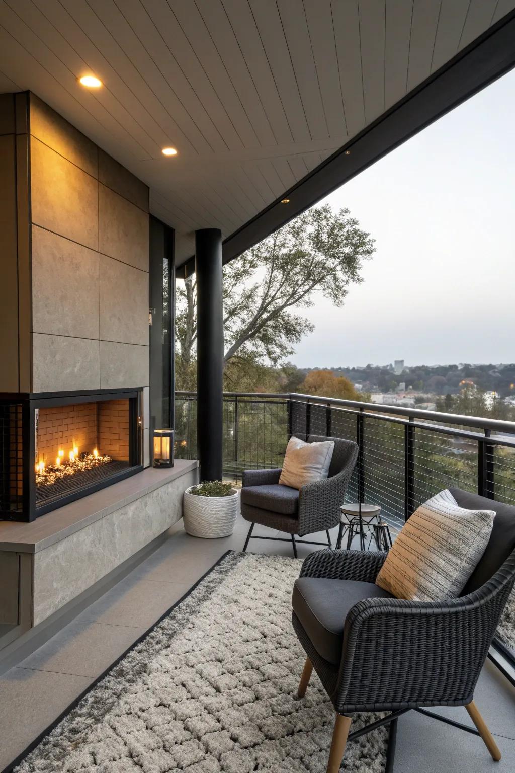 An outdoor fireplace adds warmth and ambiance to your balcony.