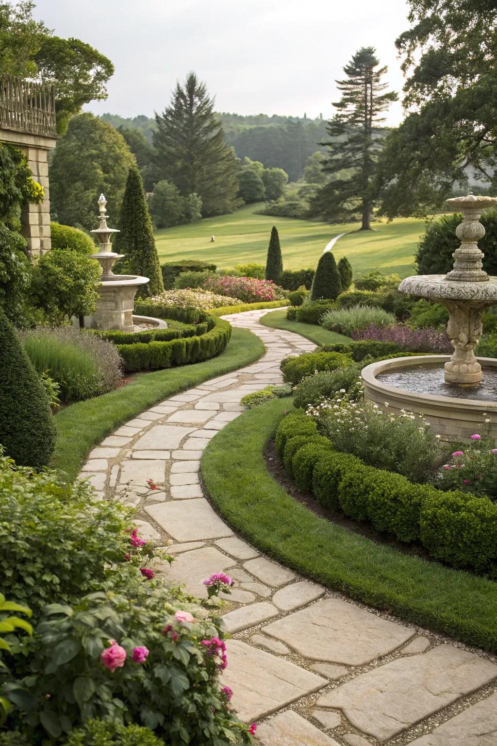 Natural stone features adding texture in a luxurious garden.