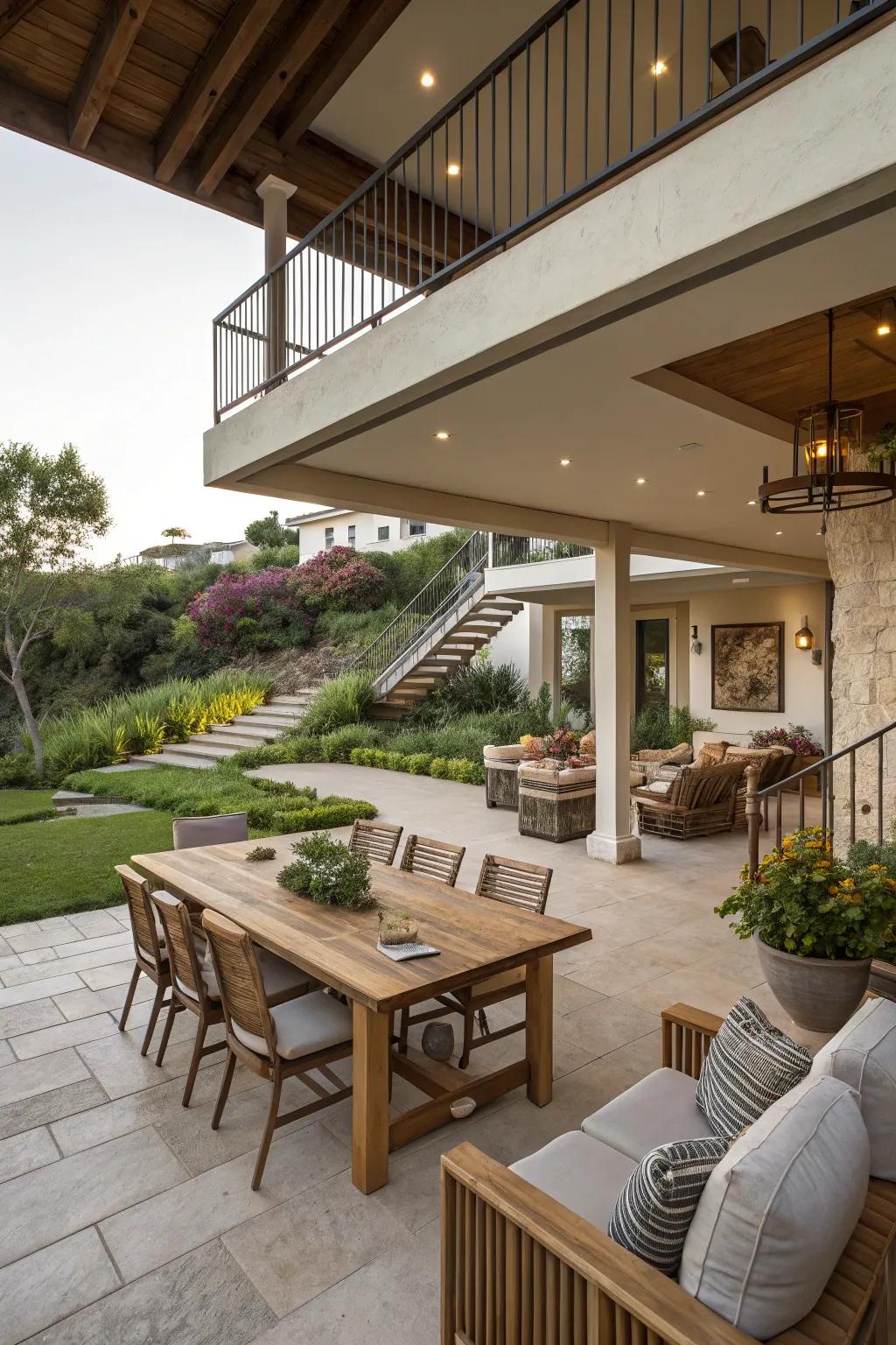 A multi-level design that defines different patio zones