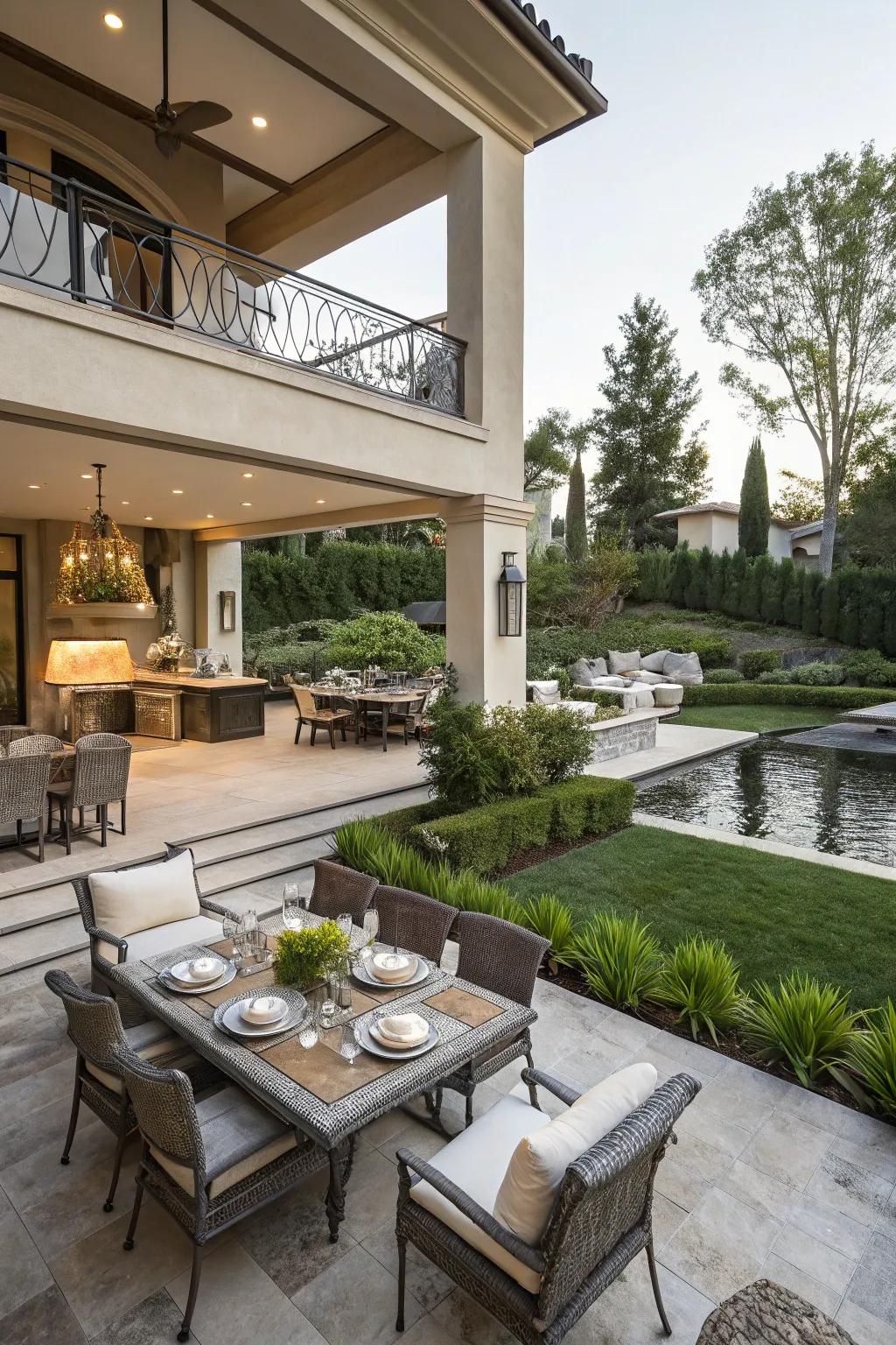 Multi-level patio design for distinct zones.