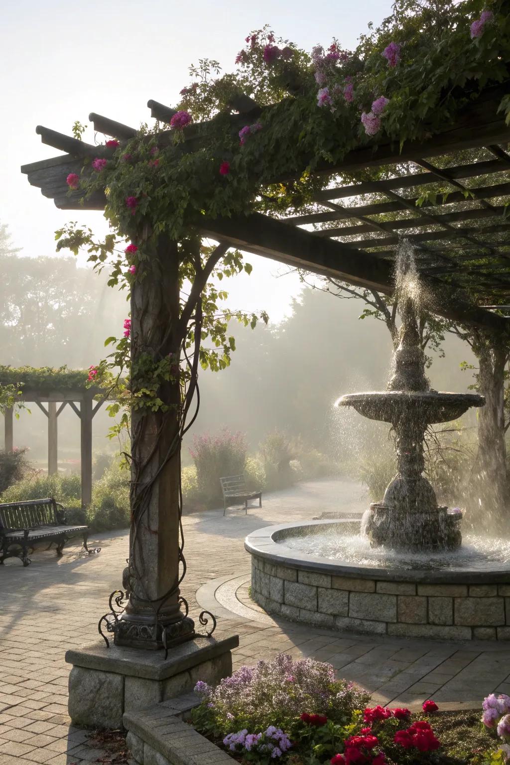 A water feature near a pergola creates a tranquil, relaxing atmosphere.