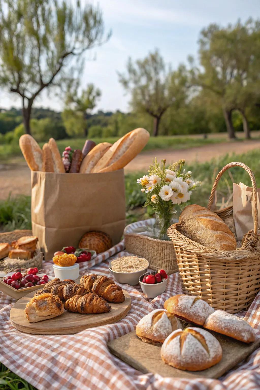 Artisanal breads and pastries adding a gourmet touch to the picnic.