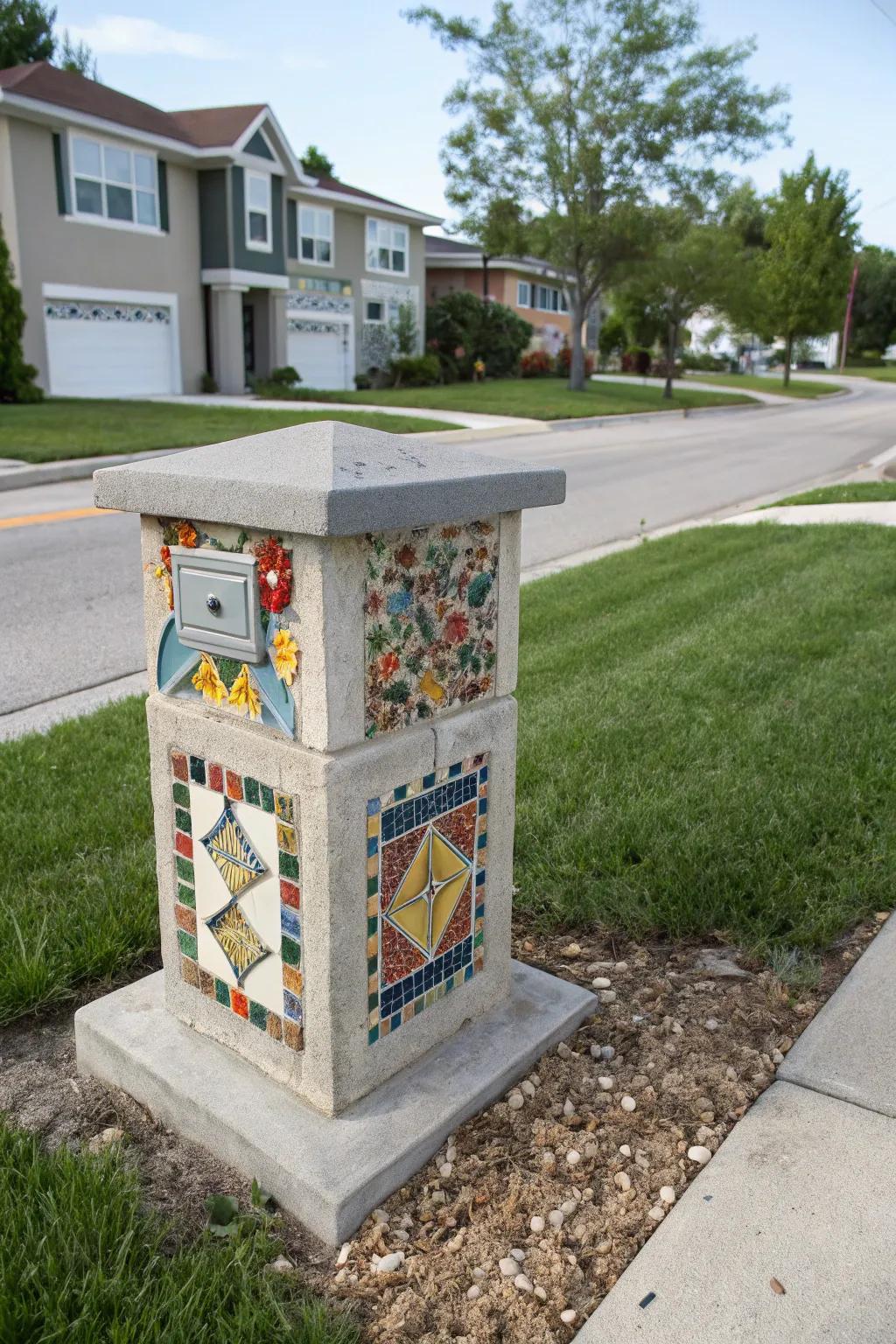 Concrete with artistic inlays offers a durable and personalized mailbox foundation.