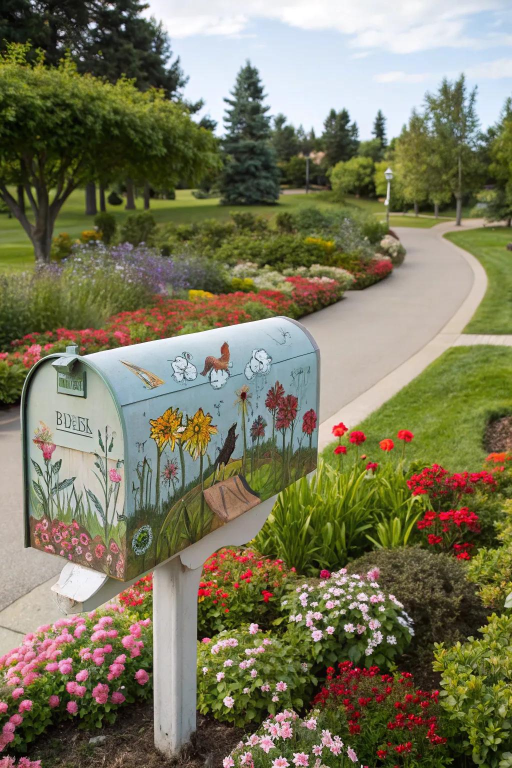 A custom mural transforms a mailbox into a unique art piece.