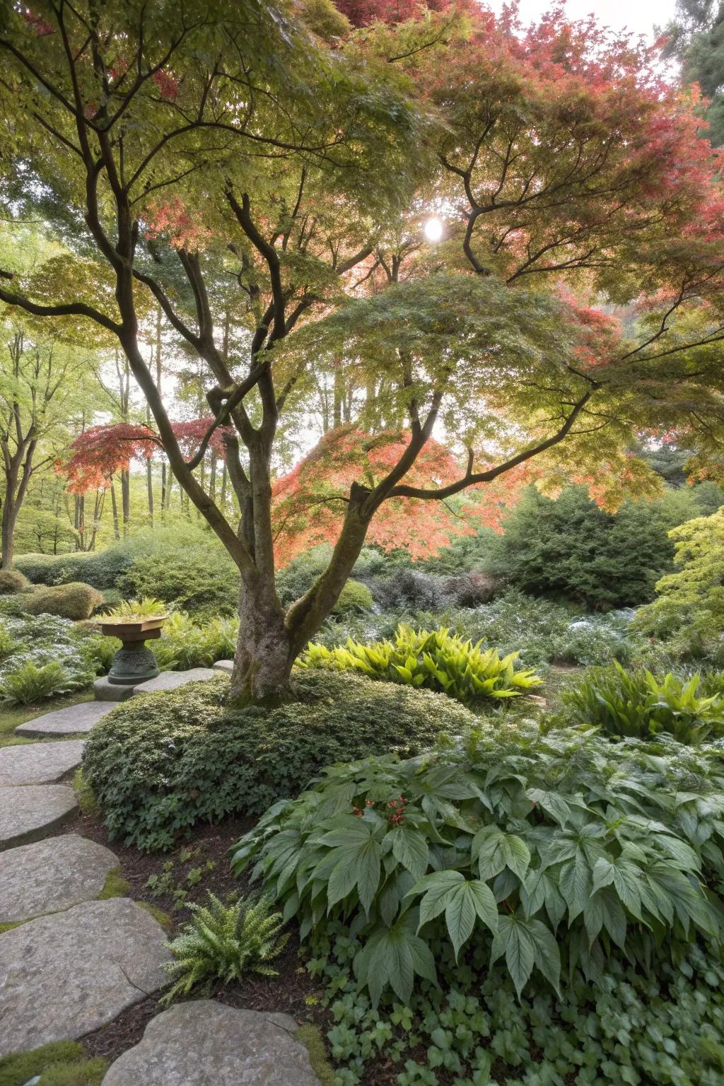Ground cover enhances the visual impact of a maple tree.