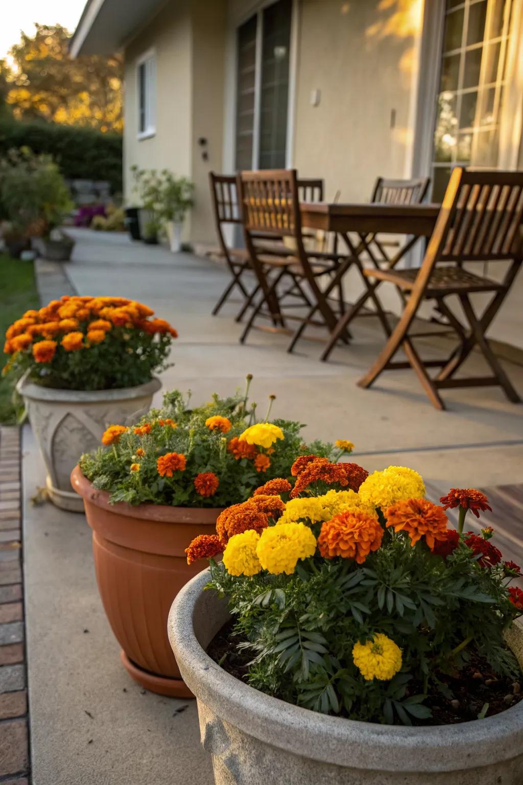 Portable potted marigold clusters on a patio.