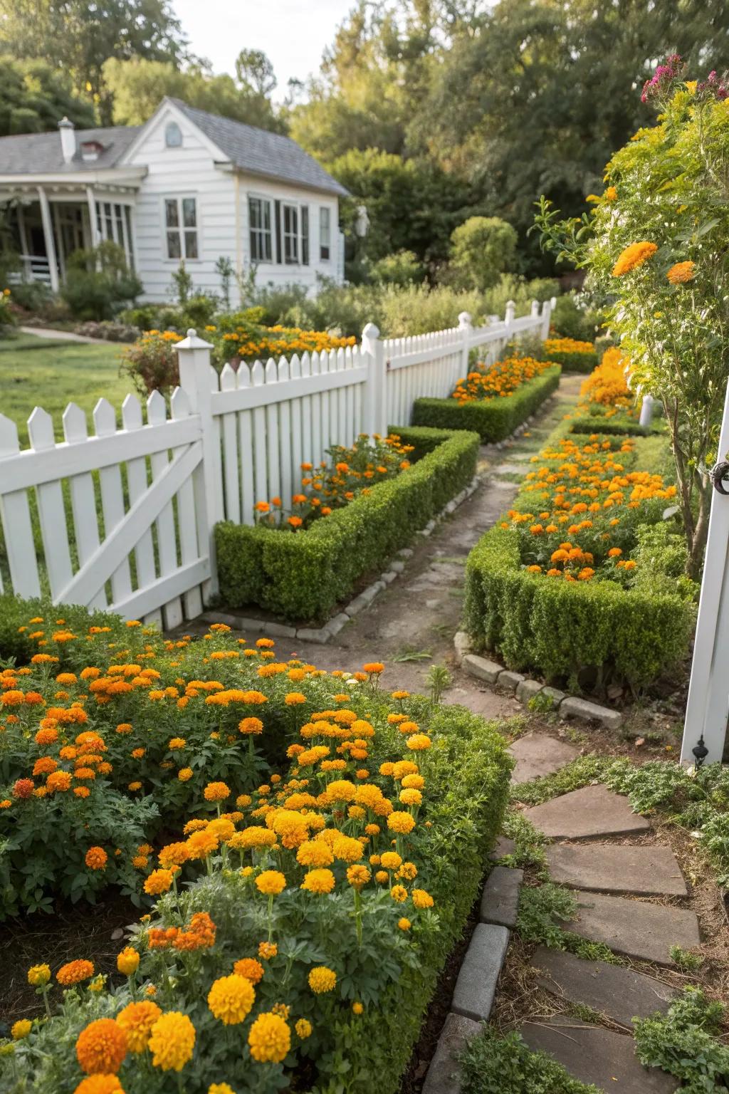 A whimsical marigold maze adds fun and charm to any garden.