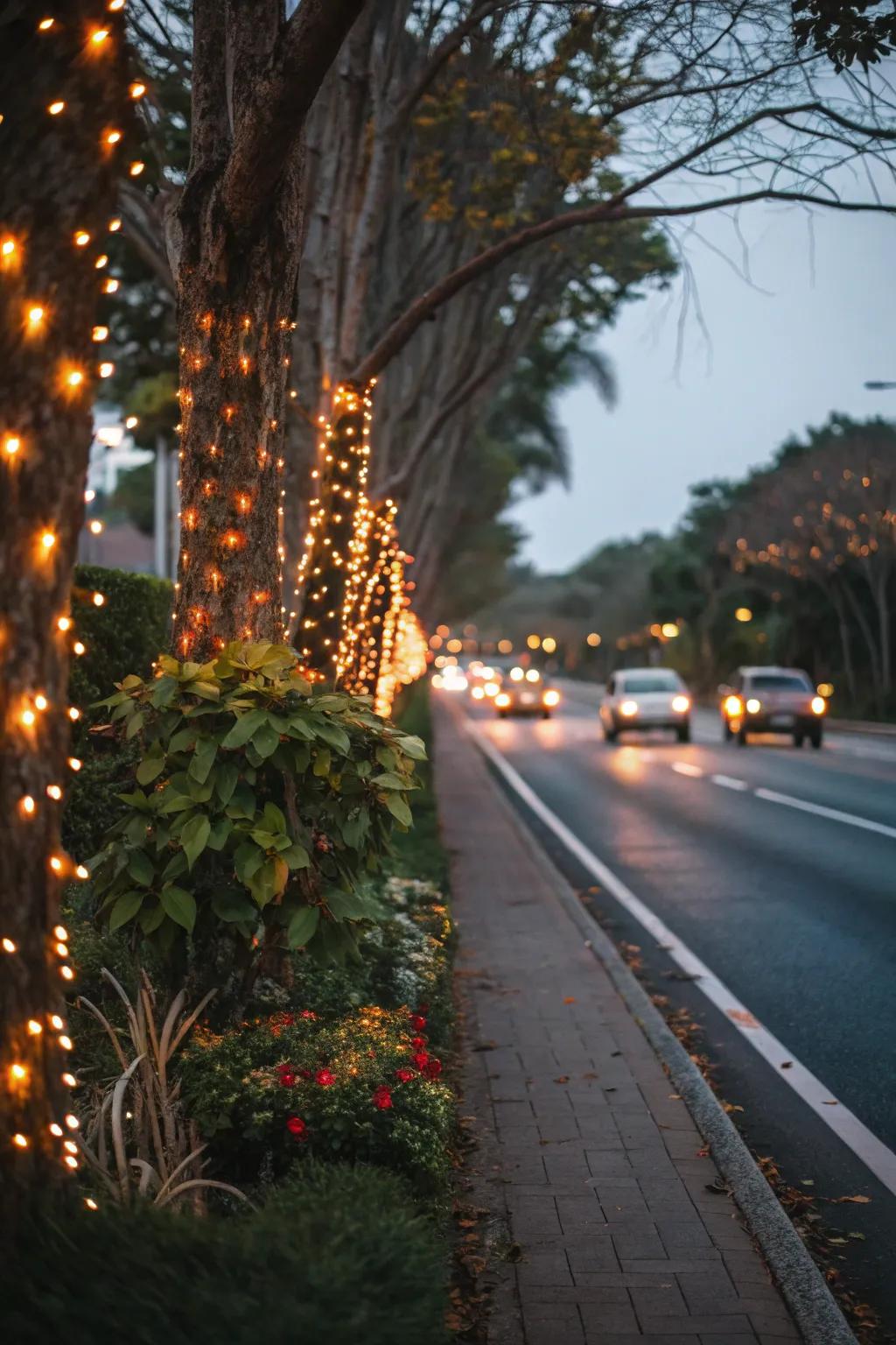 Seasonal lights add a festive touch to medians.