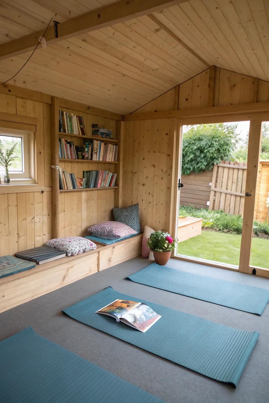 A versatile meditation shed that also serves as a yoga studio.