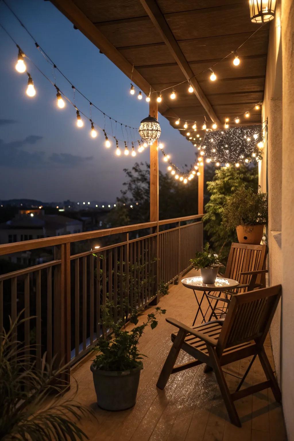 String lights add a magical and inviting ambiance to this Mediterranean balcony.