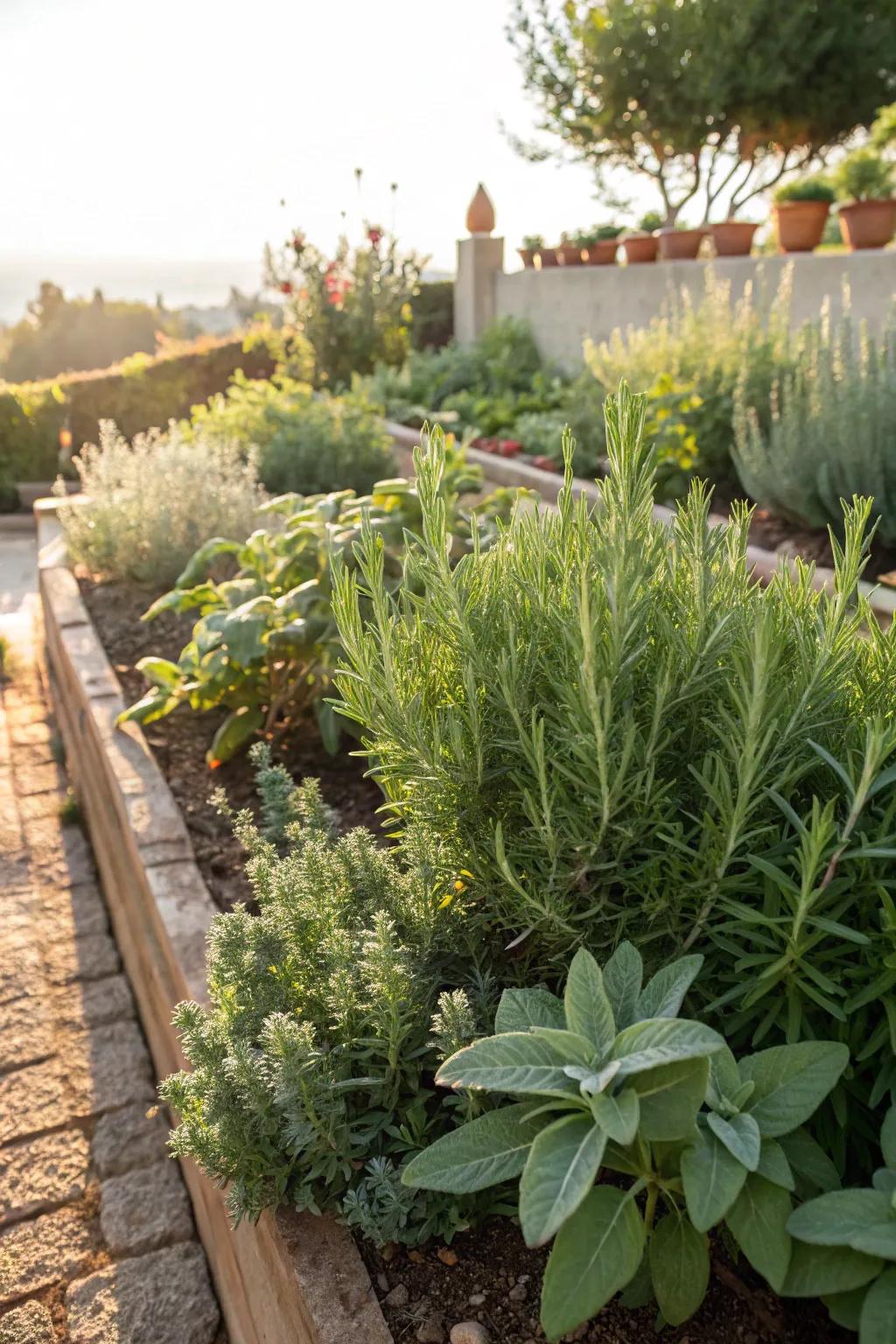 Drought-resistant plants like rosemary and sage add texture to the garden.