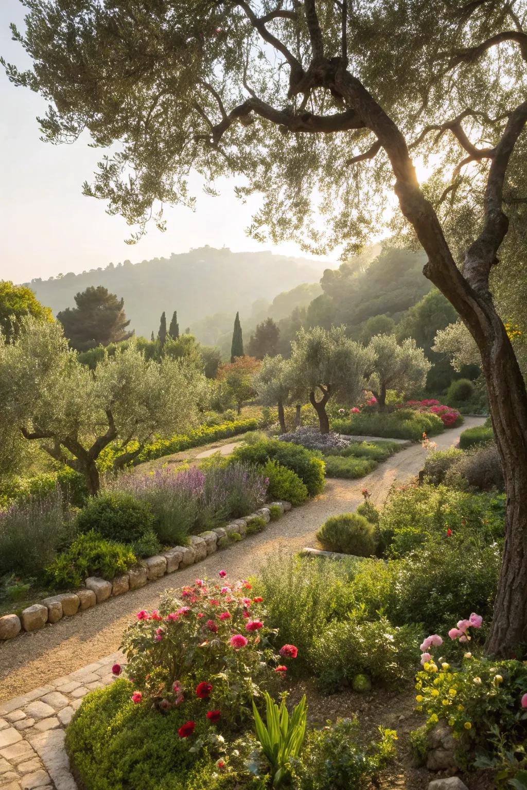 Natural lighting enhances the beauty of a Mediterranean garden.
