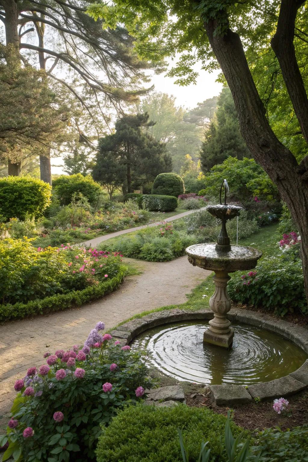 A water feature adds a soothing focal point.