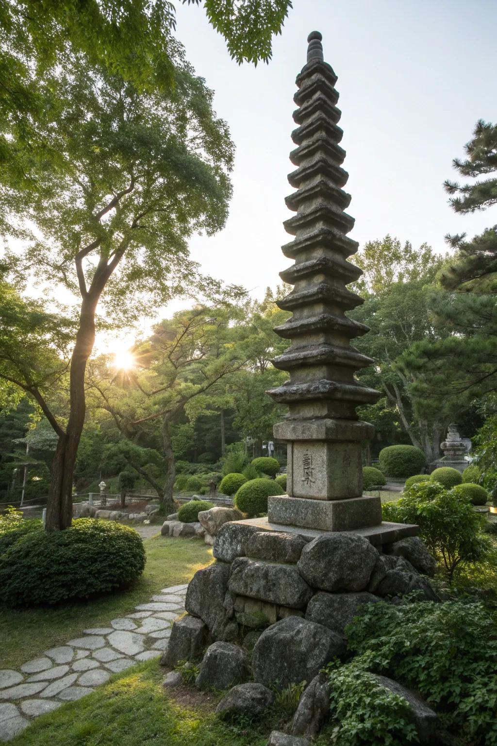 Stone towers create a striking focal point in the garden.