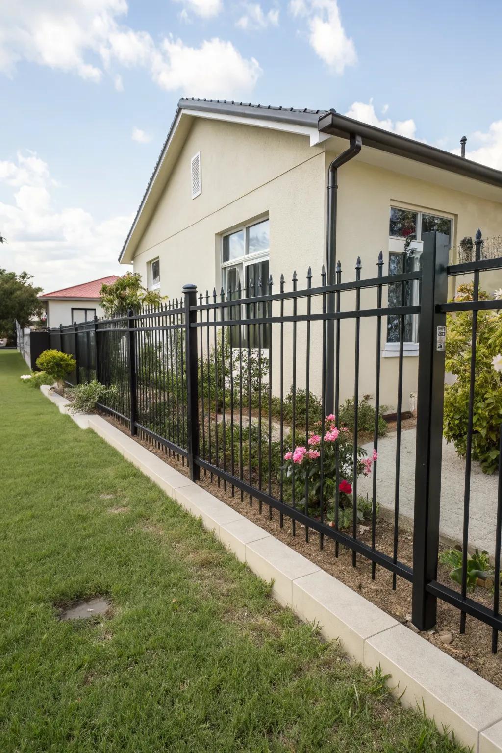 A bold black fence creates striking contrast.