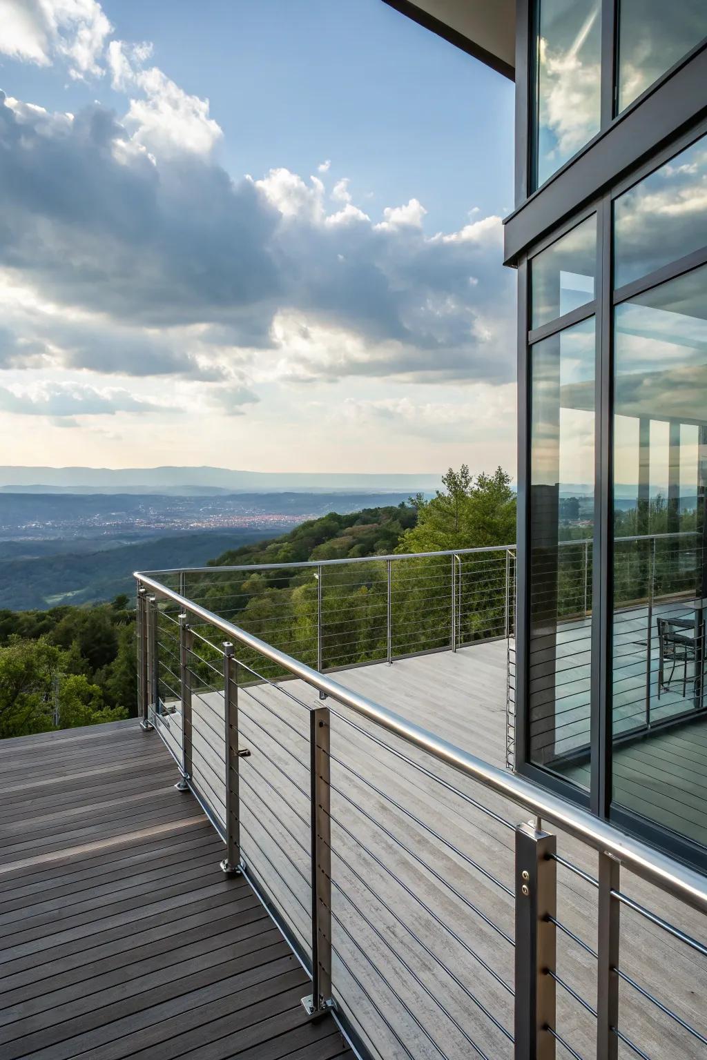 Unobstructed views with glass and metal railings on a deck.