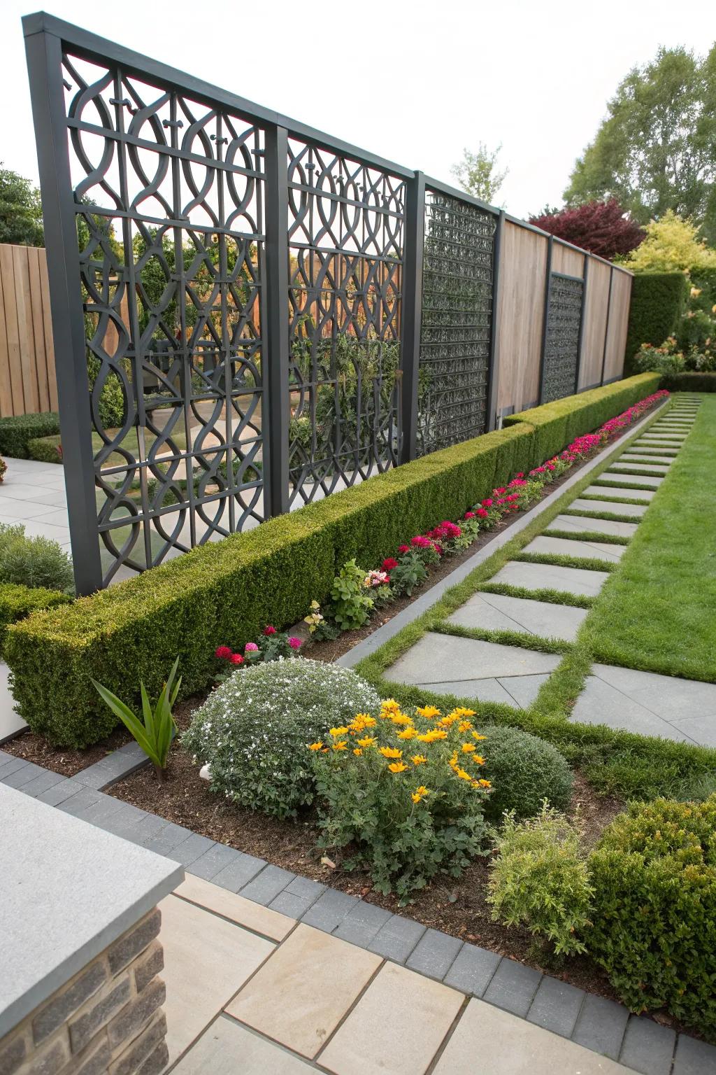 Modern elegance with geometric patterned metal fencing.
