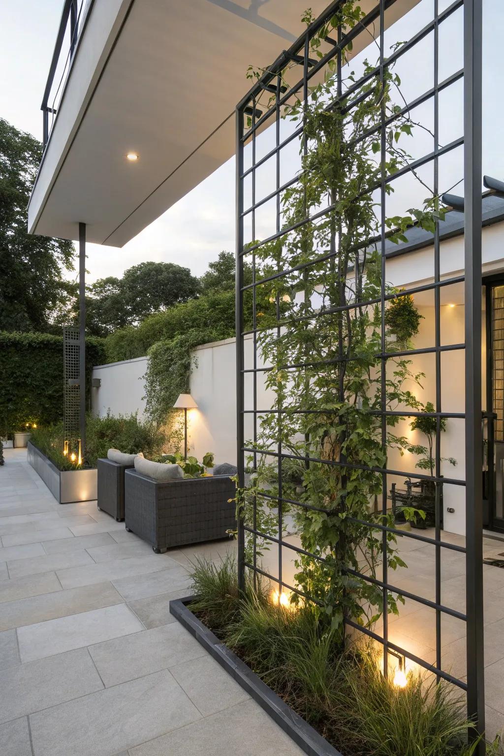A metal trellis supporting vibrant climbing plants, enhancing this patio with natural beauty.