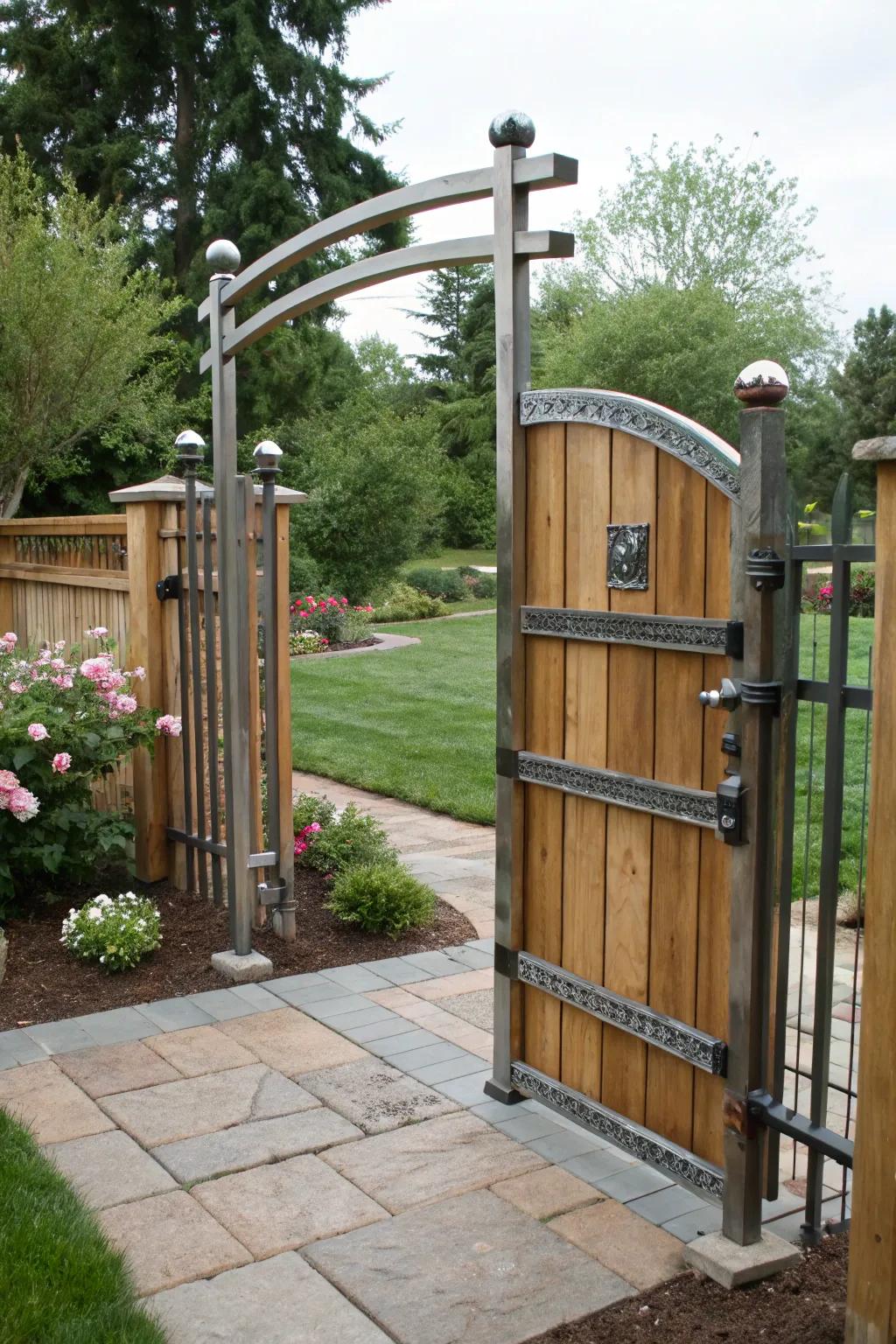 Inviting garden gate with a blend of metal and wood, framed by metal posts.