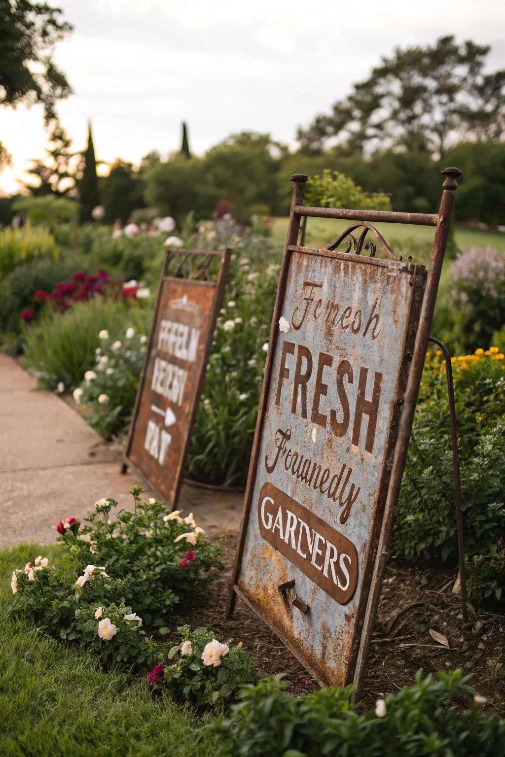 Vintage signs add nostalgic charm to your outdoor space.