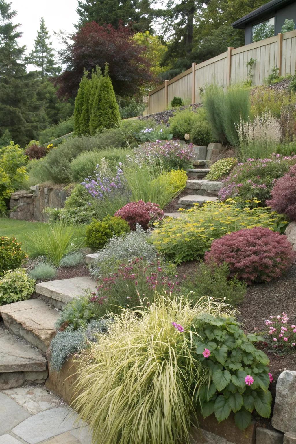 A lush garden with layered planting for depth and visual interest.