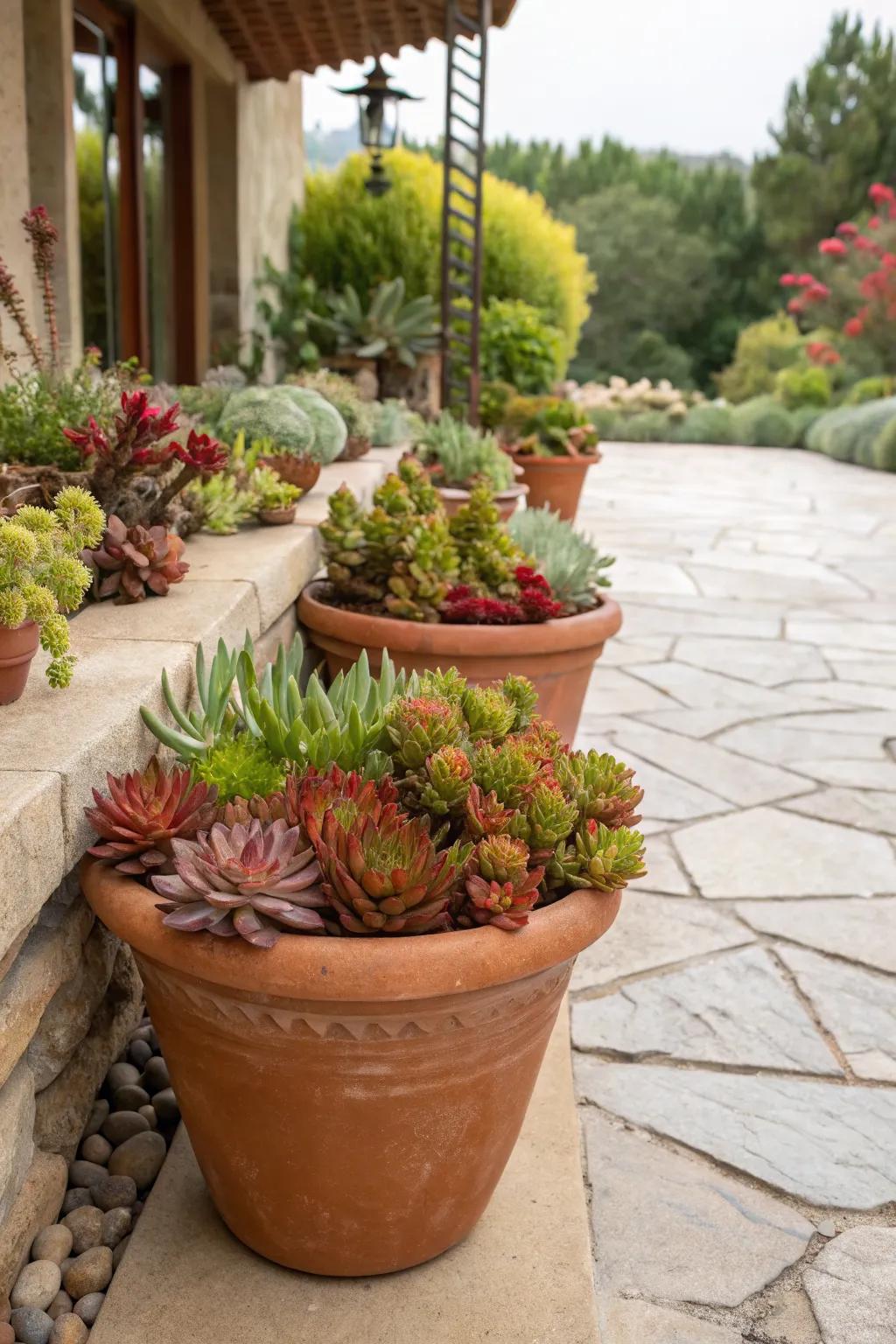 Terracotta planters filled with succulents add warmth and charm.