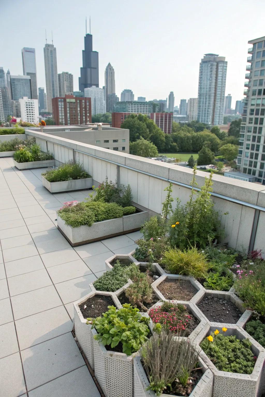 A modern rooftop garden with stylish honeycomb planters.