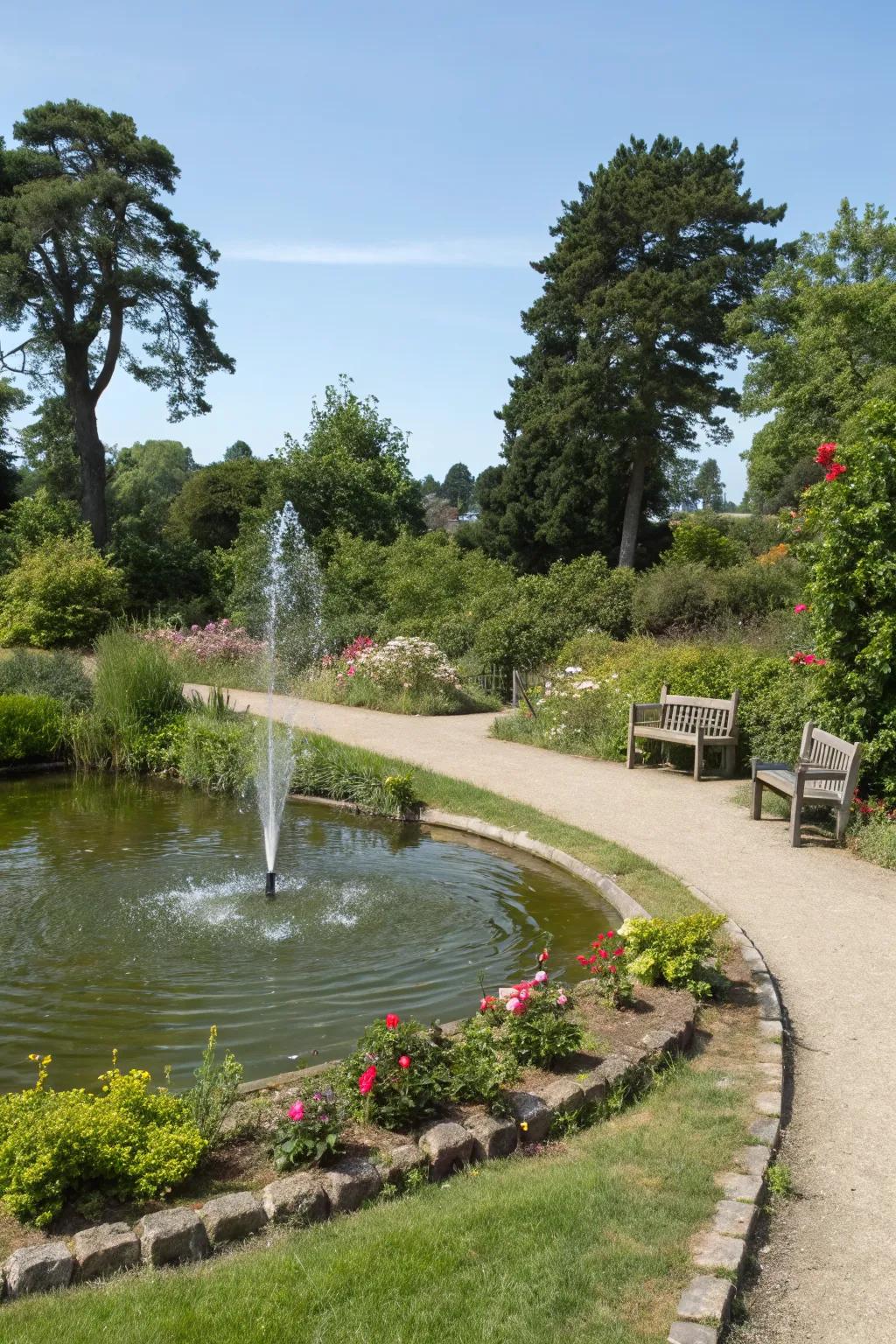 A water feature adds tranquility and interest.