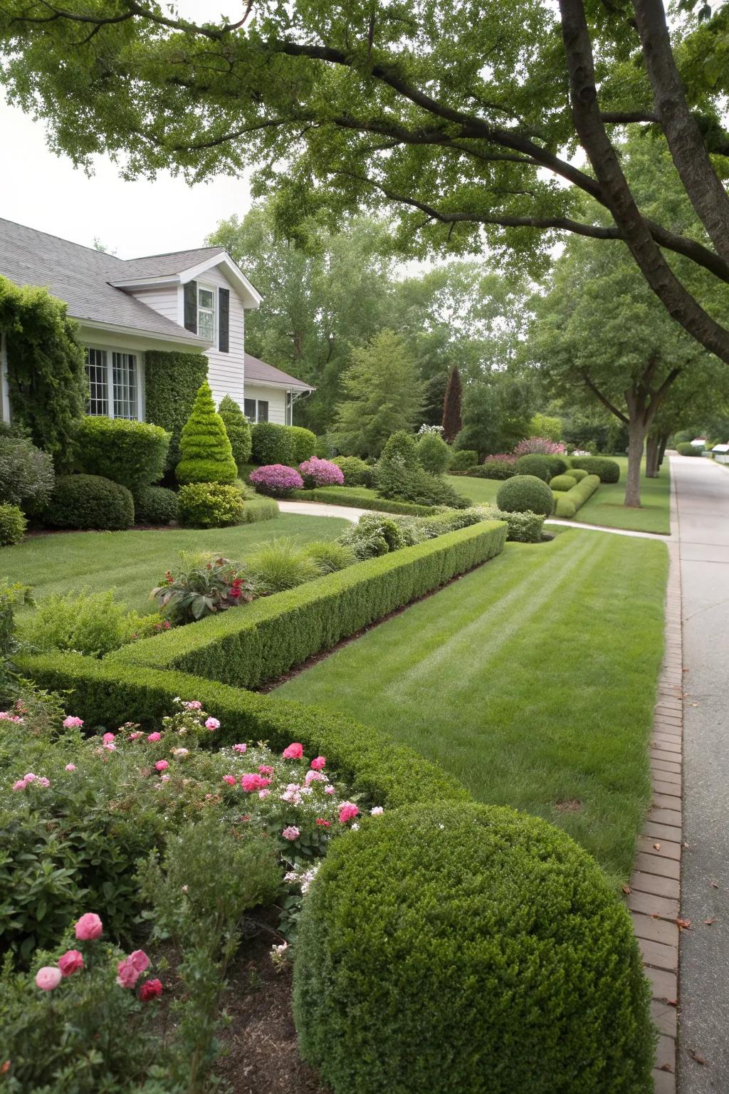 Bushes and hedges create structured elegance in this Midwest front yard.