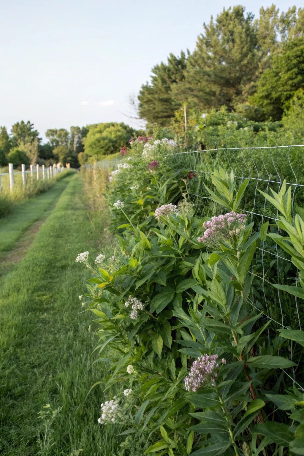 Eco-friendly hedges with milkweed support local wildlife.