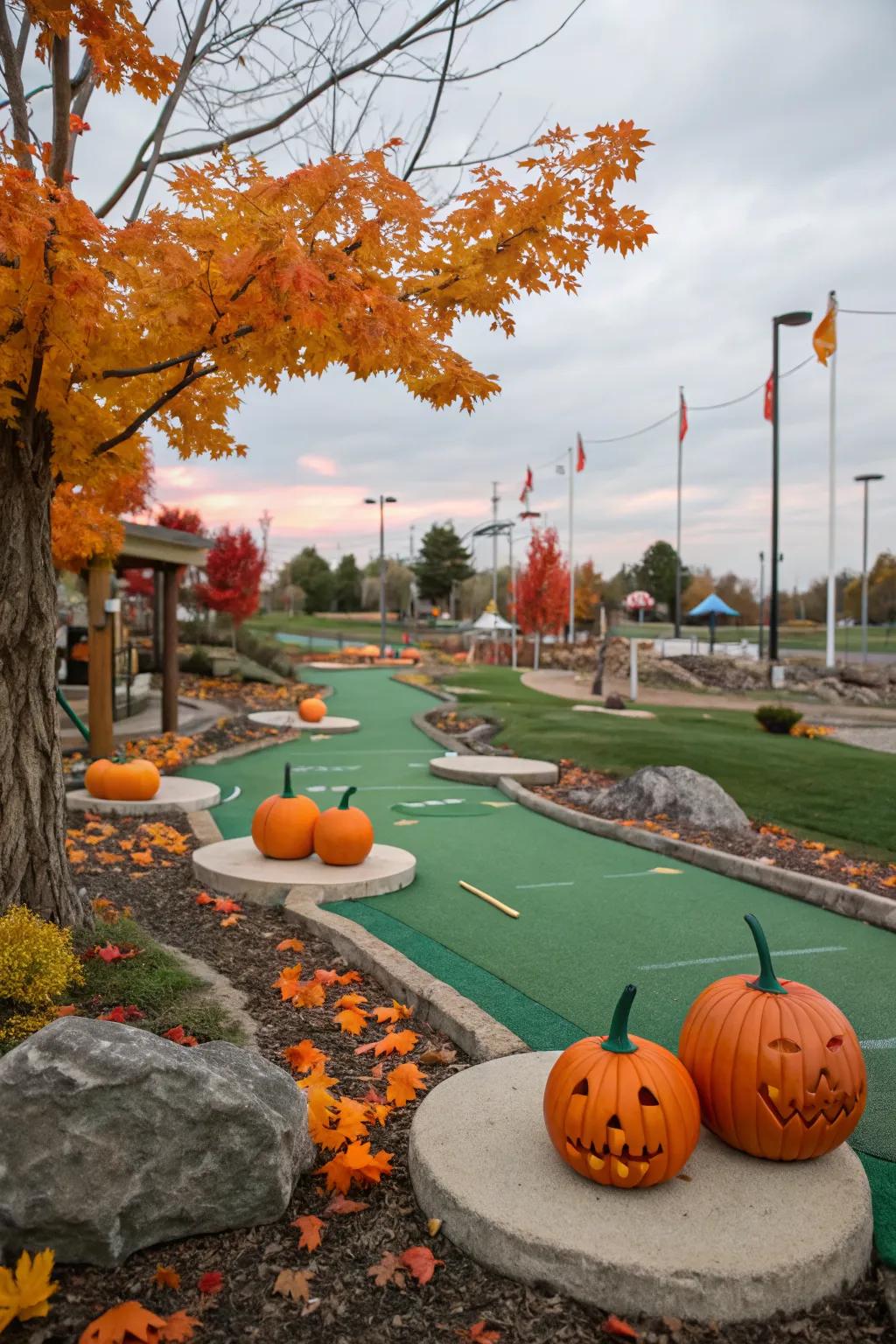 A seasonally themed mini golf course adorned with autumnal decorations.