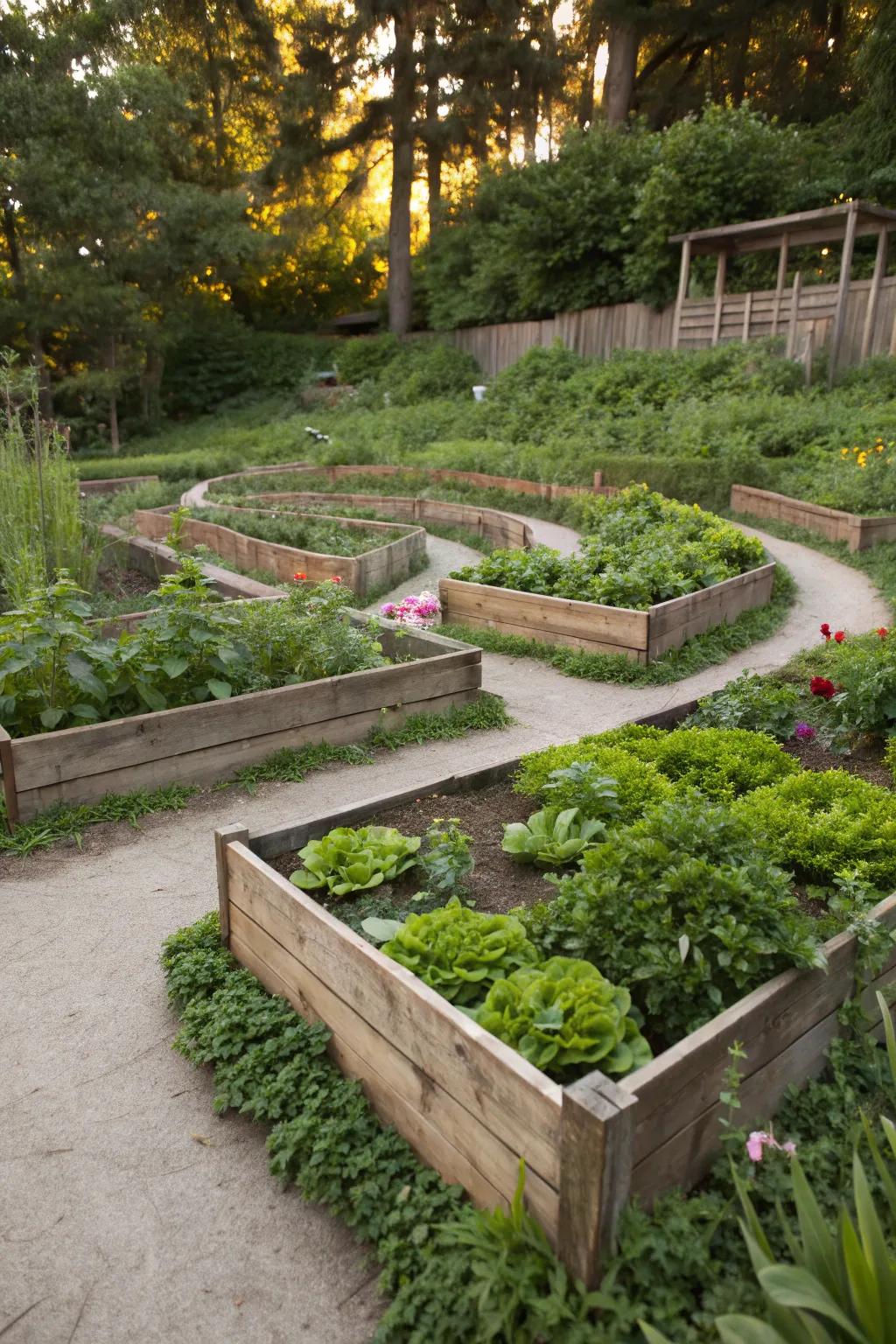A raised bed labyrinth maximizes space in a small urban garden.