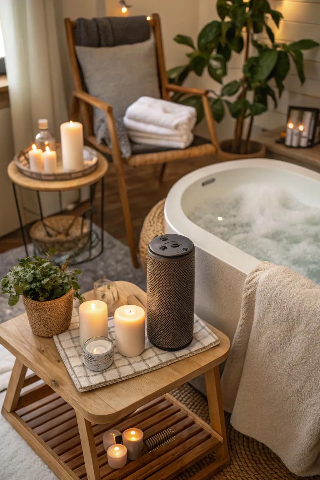 A relaxing playlist enhances your home spa atmosphere.