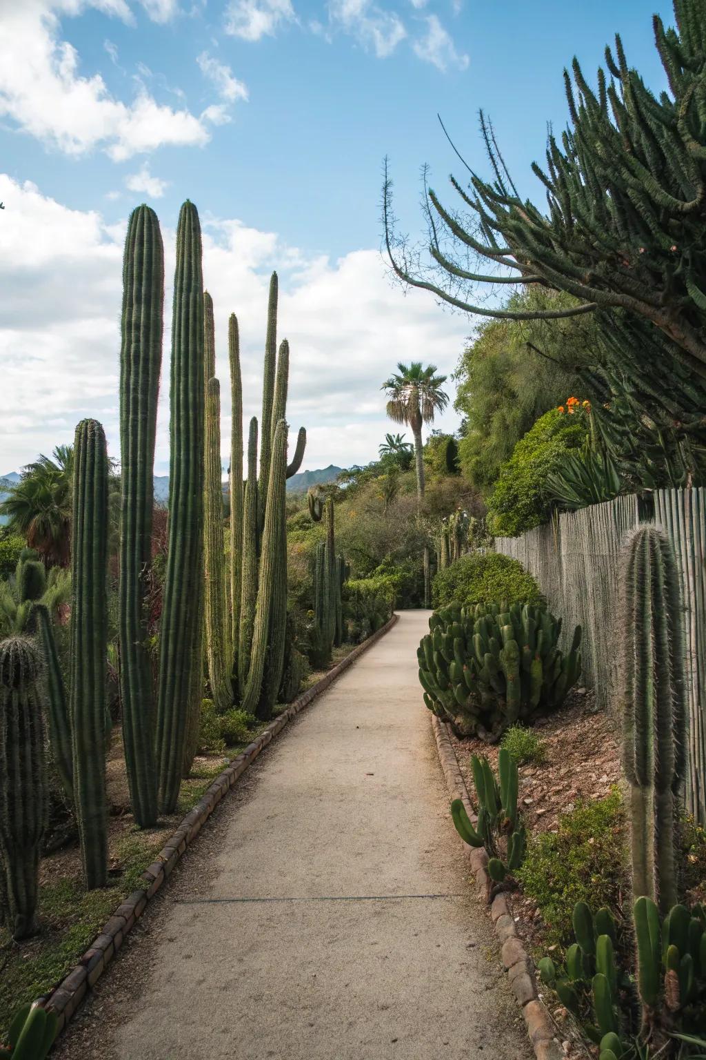 Cacti lining a pathway, creating a natural and artistic fence.
