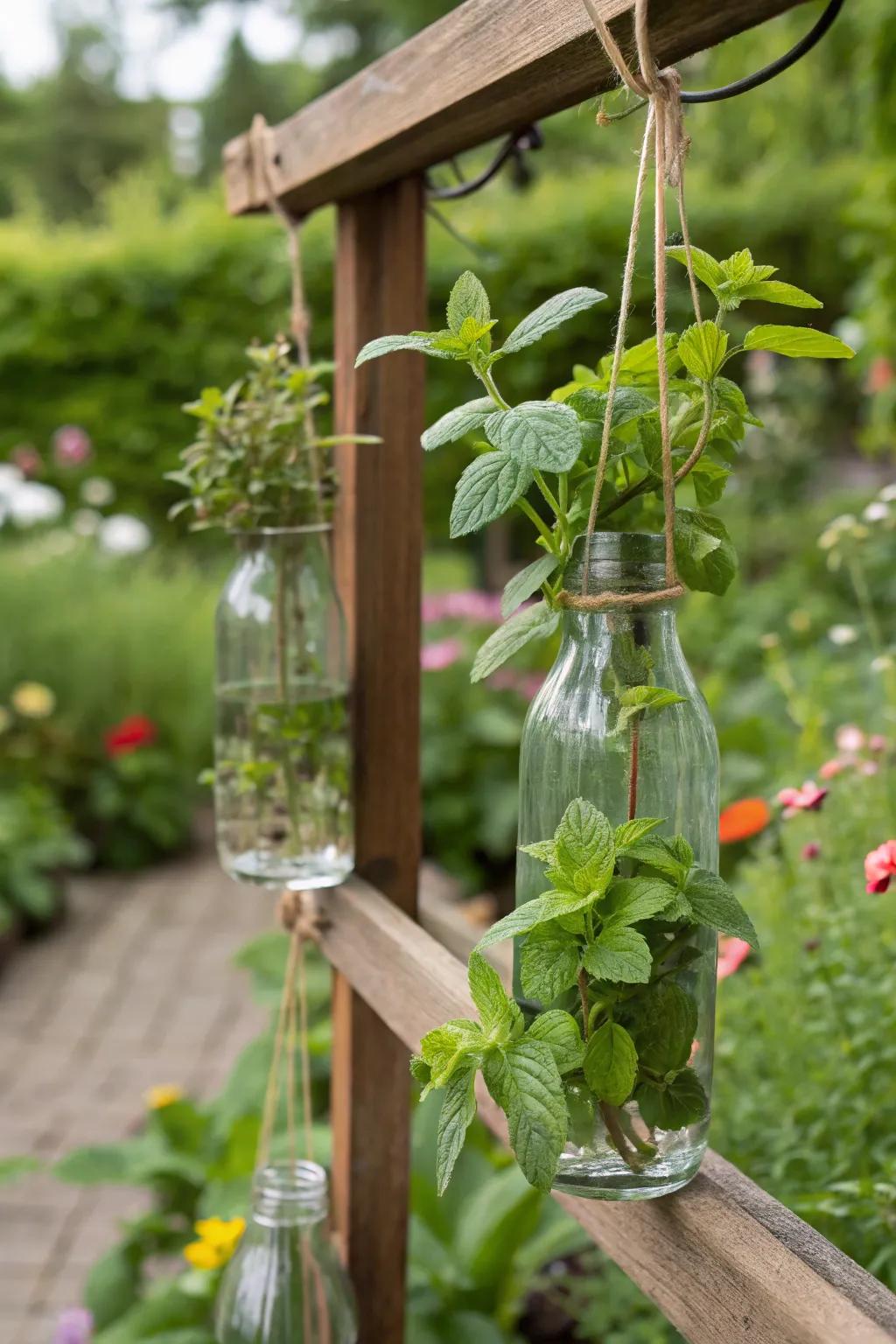 Whimsical hanging garden with mint in glass bottles.