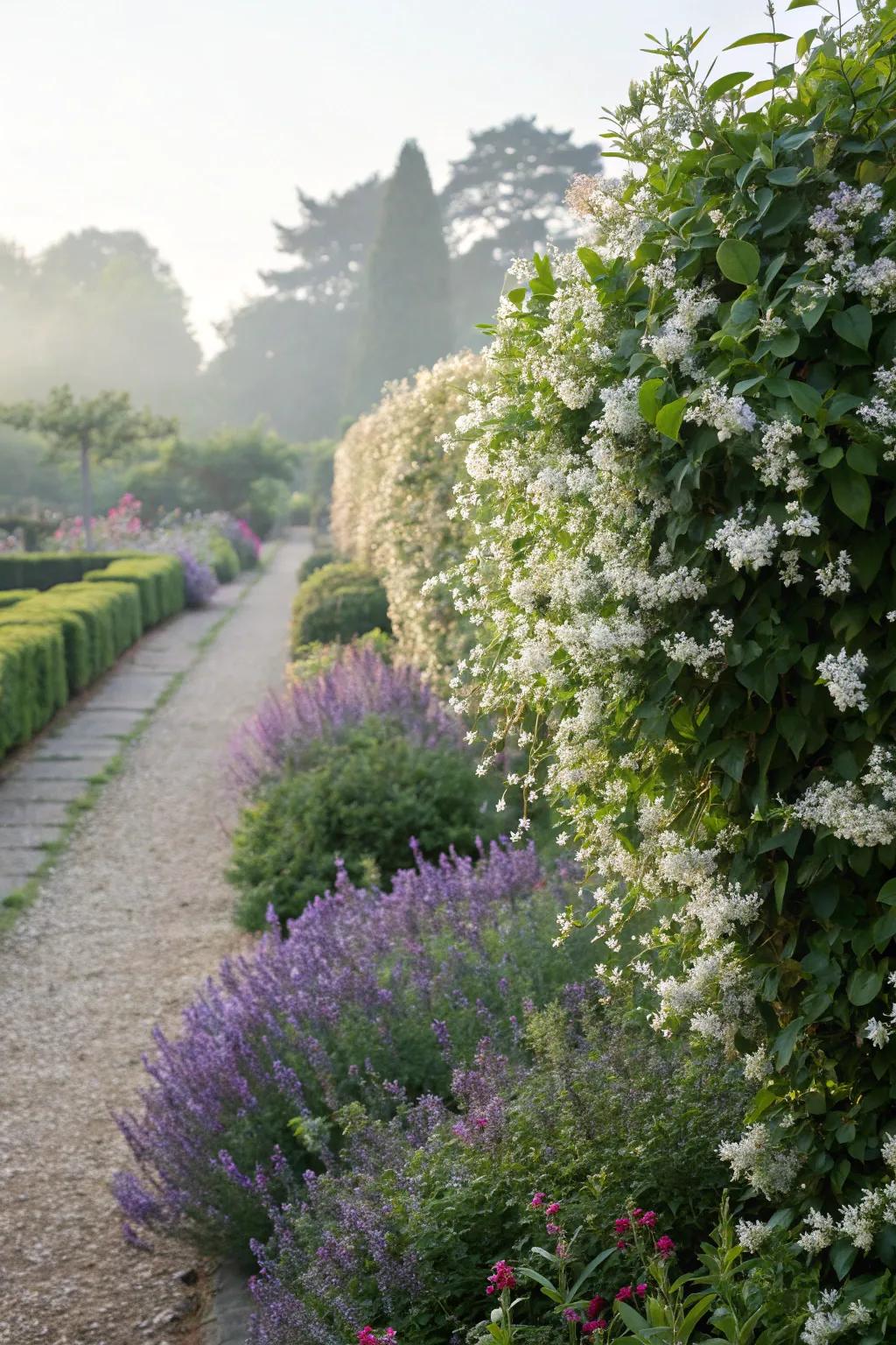 A mixed hedge with scented plants like jasmine and lavender.