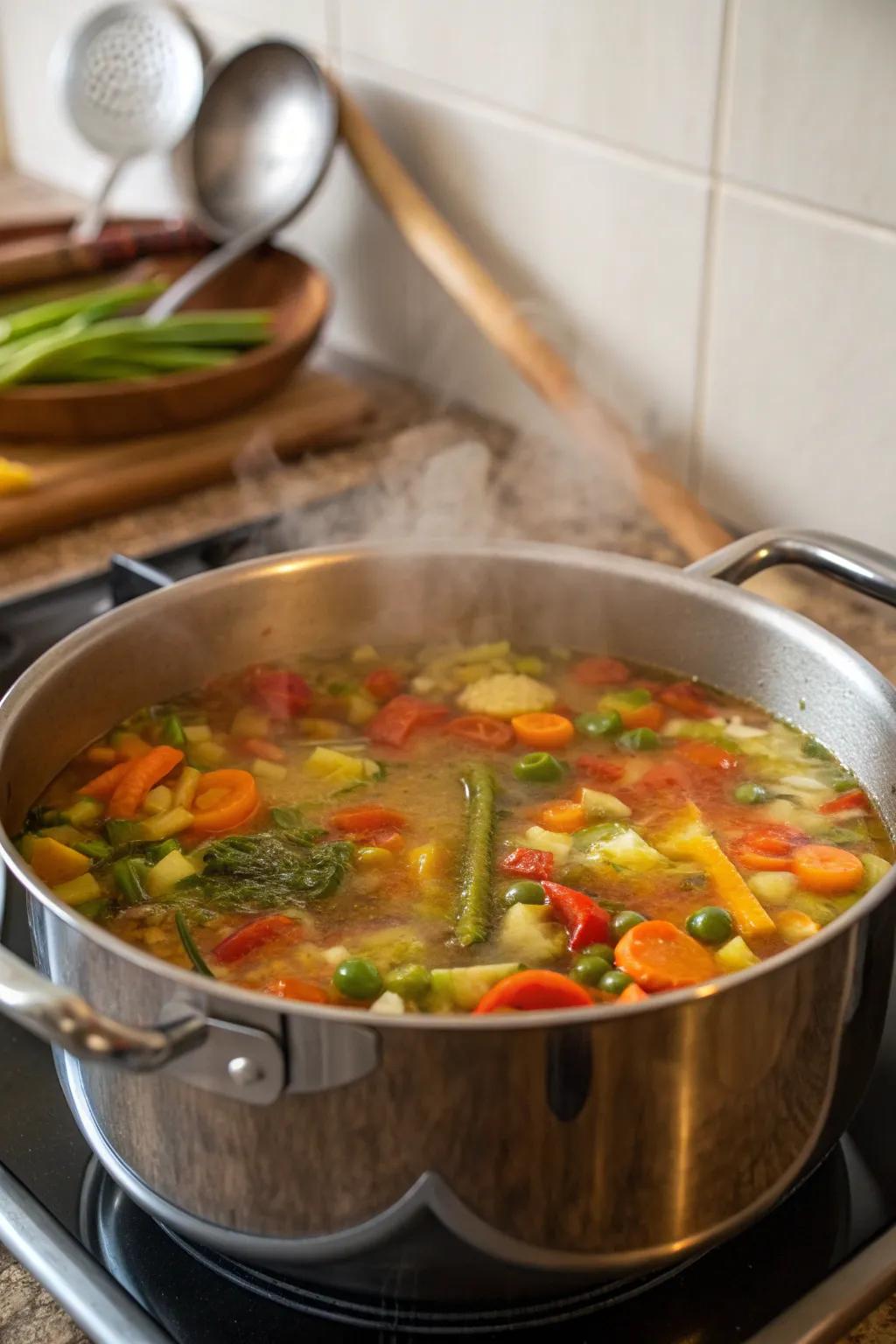 A comforting pot of mixed vegetable soup.