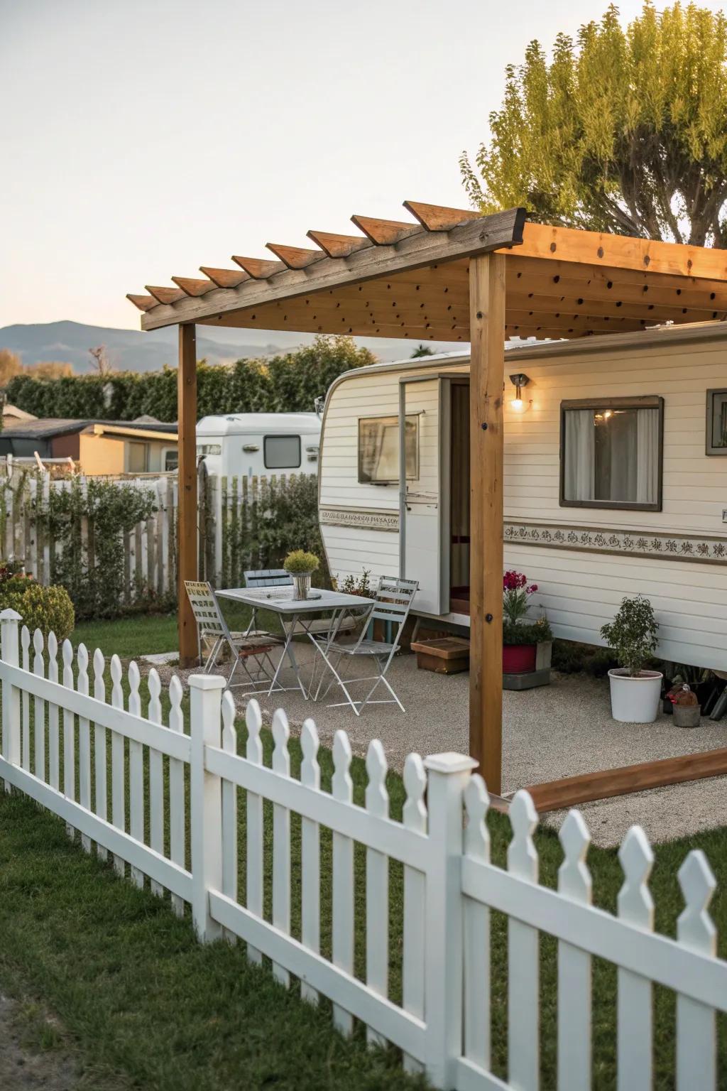 Pergola-enhanced fencing creates a shaded outdoor haven.