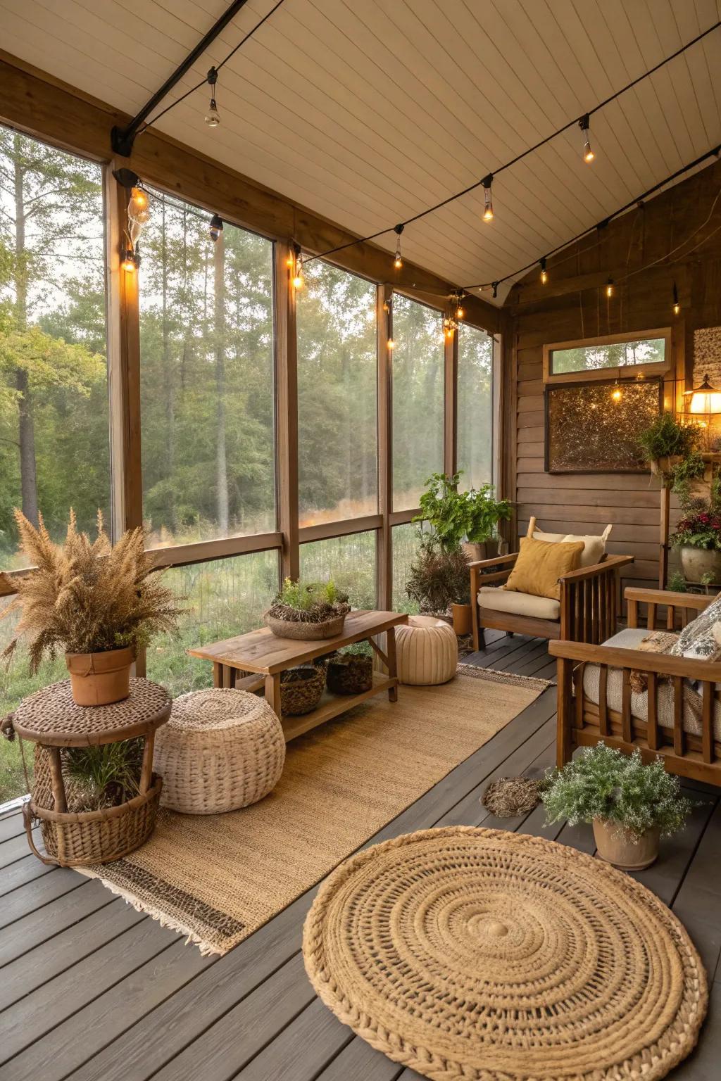 Earthy tones creating a serene and inviting porch environment.