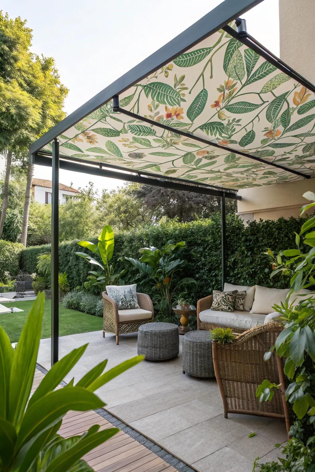 Botanical print awnings seamlessly integrate nature into your space.